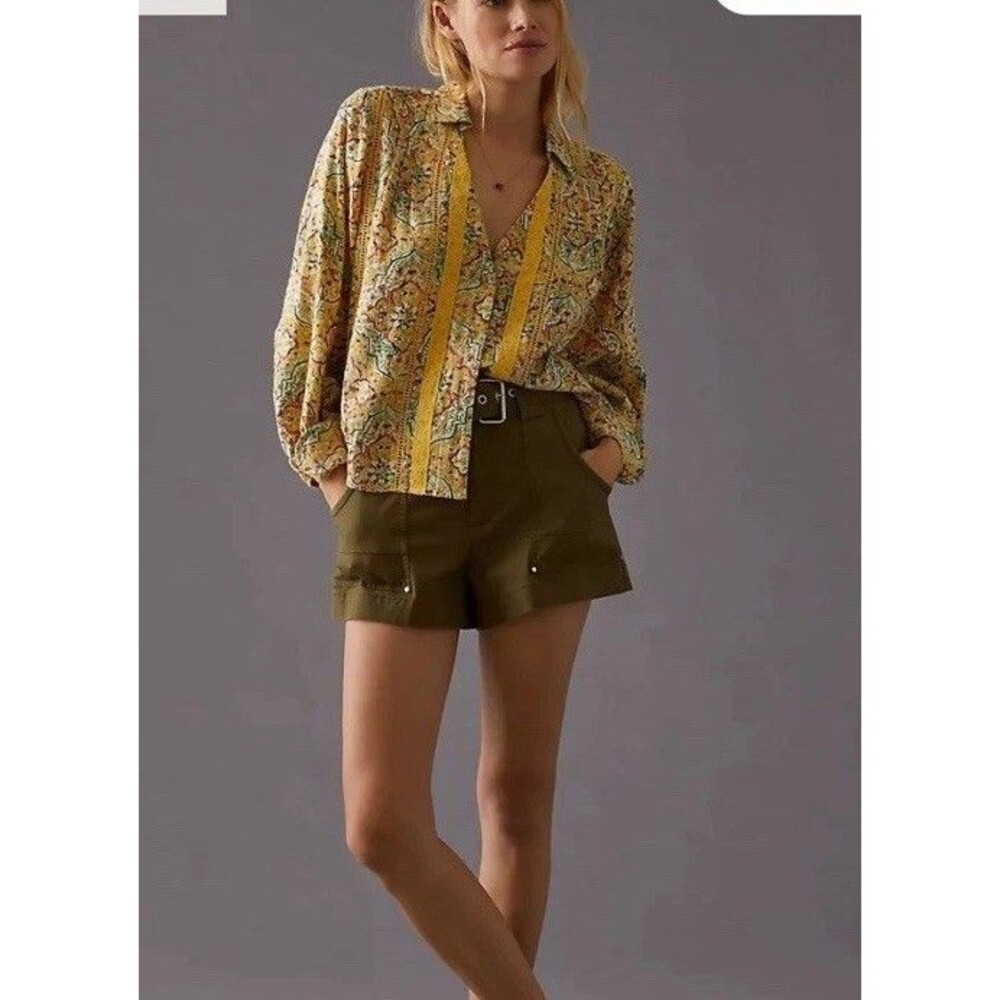 Anthropologie Pilcro Pintuck Peasant Blouse Yellow Floral Lace Trim Size S - Picture 5 of 16